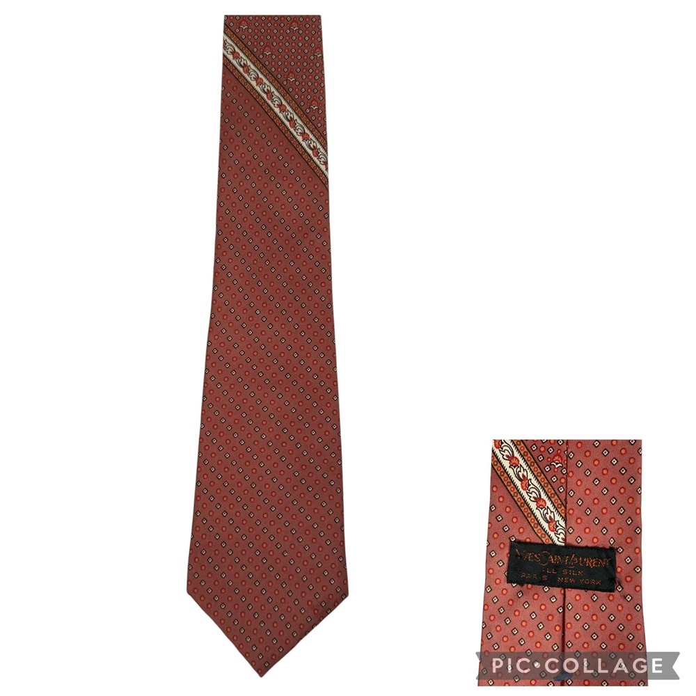 Yves Saint Laurent Men Vintage Silk Tie Rust Red Geometric Floral Stripe  YSL 56